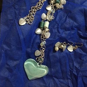 Silver Necklace with Glass Beads & Earrings